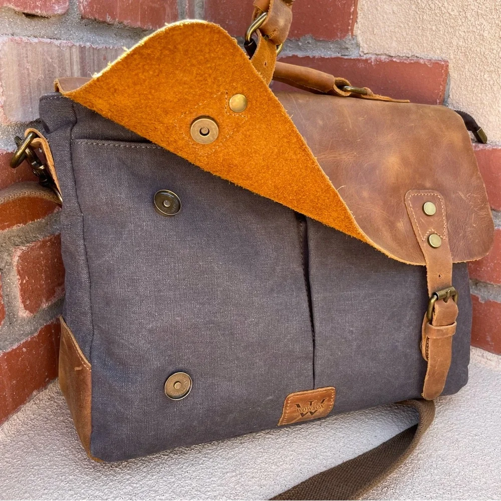 🆕WOWBOX 14” Canvas & Crazy Horse Leather Laptop Messenger Satchel Bag